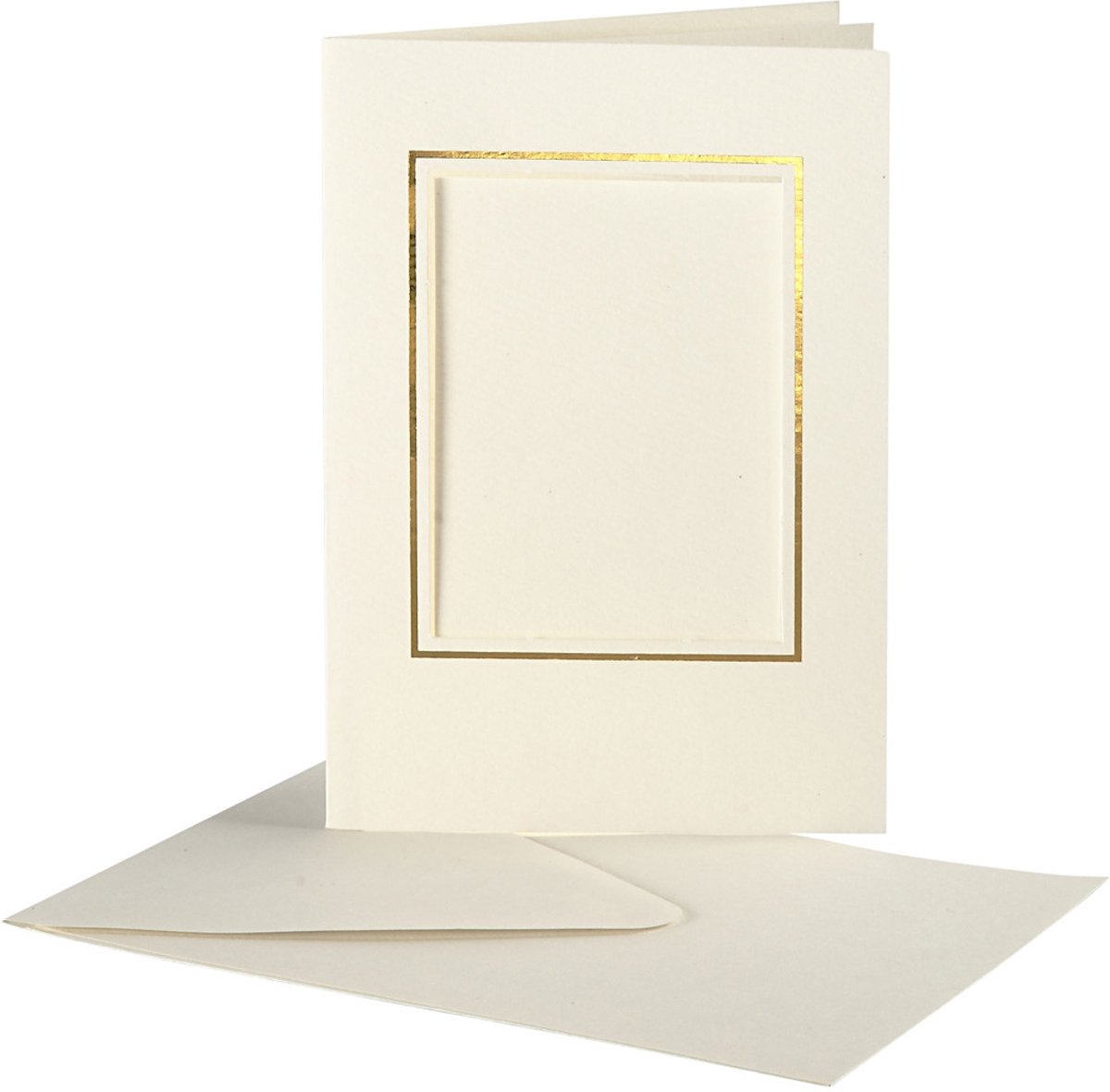 Passepartout Kaarten , afmeting kaart 10,5x15 cm, gatgrootte 6,5x8,8 cm, off-white, rechthoek met gouden rand, 10sets, afmeting envelop 11,5x16,5 cm [HOB-23726]